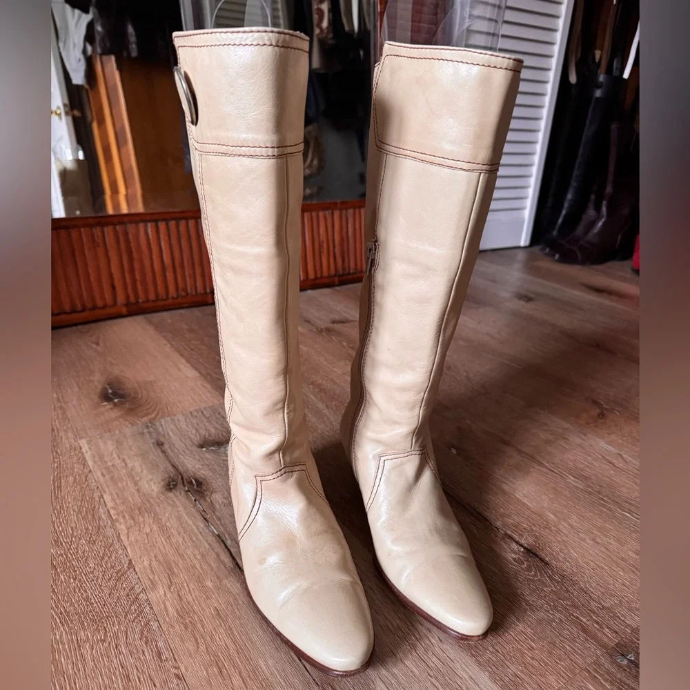 Vintage‎ Veletto Tall Banana Yellow Kitten Heel Leather Boots Y2K